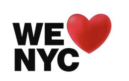 NYCs new brand campaign image that reads "WE [red 3D heart] NYC" in large bolded black letters.