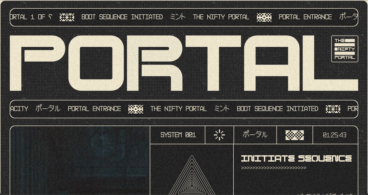 The pale yellow and graphite homepage of the Nifty Group. The font is all-caps and in a retro style alongside some Japanese text.