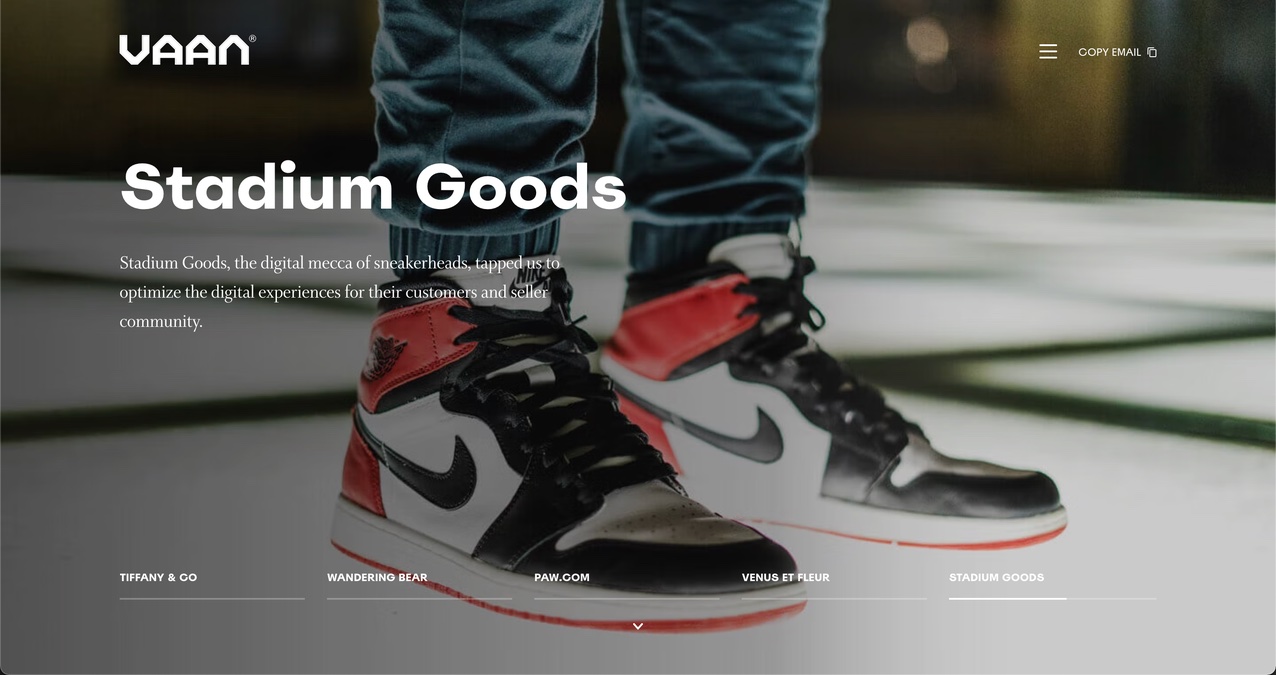 Vaan's homepage spotlighting athletic goods client Stadium Goods over an image of black, white, and red Nike high-tops.