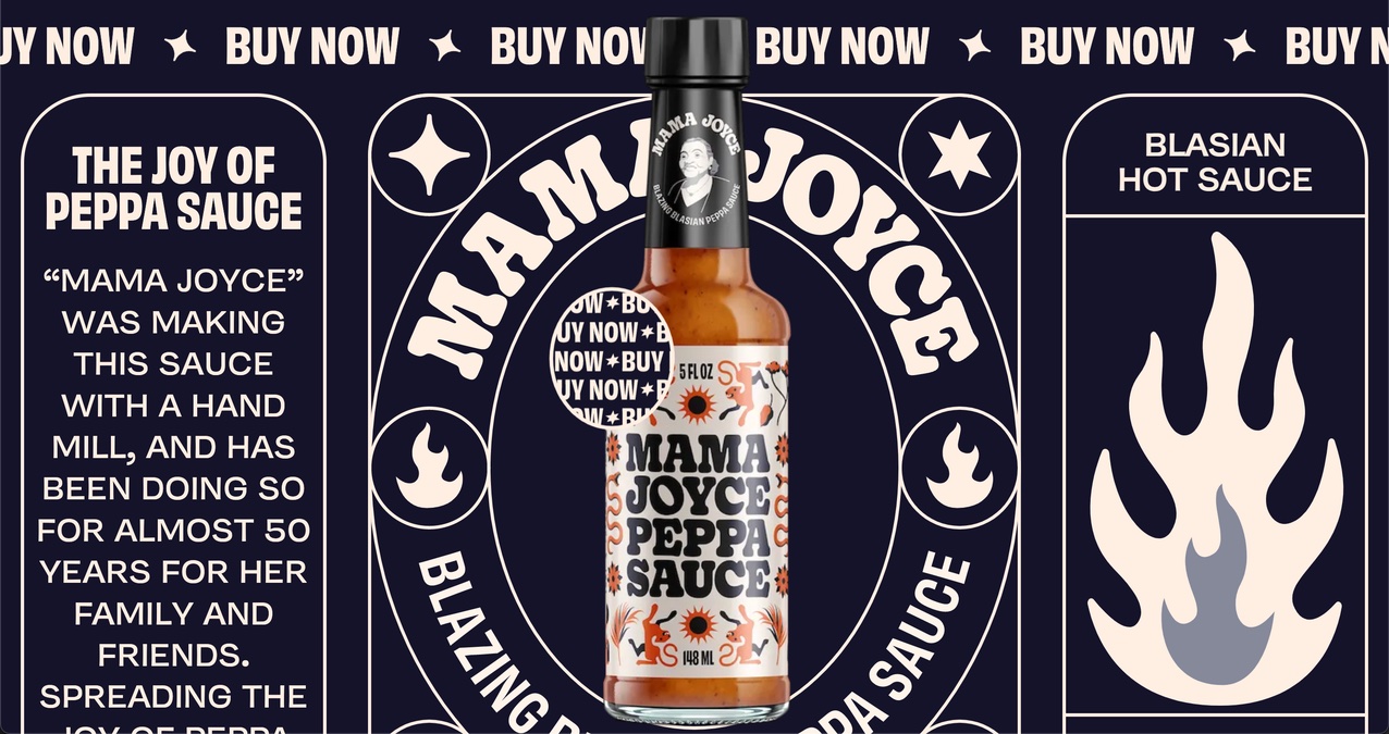 The Mama Joyce Peppa Sauce homepage, depicting the hot sauce front and center in full color, surrounded by bold, all-caps text about the hot sauce in beige over a navy blue backgound.