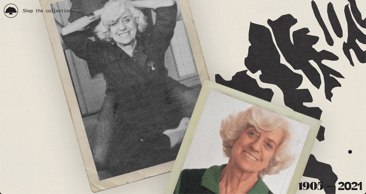 A screenshot if Kalso's homepage, featuring two images of Anne Kalso layered atop each other – one black and white, the other color — both in beige frames over a black and cream-colored background image.