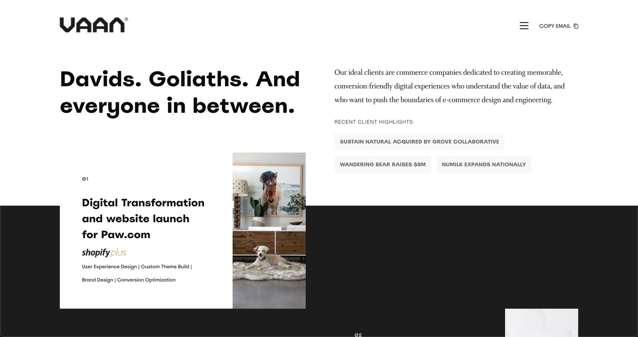 Vaan's site homepage, which reads "Davids. Goliaths. And everyone in between" as the headline text. Below the headline and subheader is a black horizontal container featuring a case study for Paw.com the team worked on.