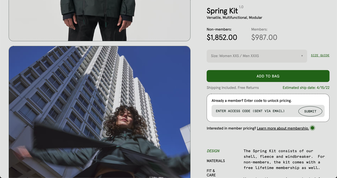 A snippet of the Early Majority's product detail page for its "Spring Kit," featuring a curly-haired model on the left donning the apparel. The right side of the page features a green "Add to Bag" CTA button and details on the product and pricing.