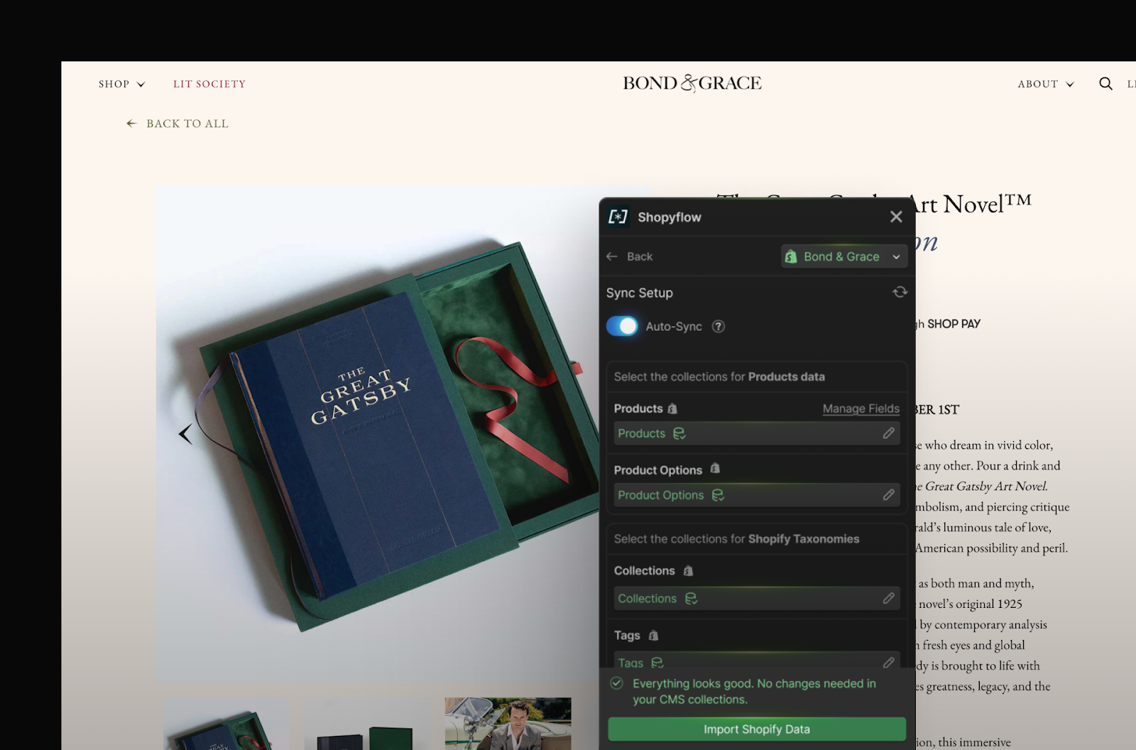 A Bond & Grace product page featuring the Shopyflow app UI mocked up over it to display how CMS syncing looks.