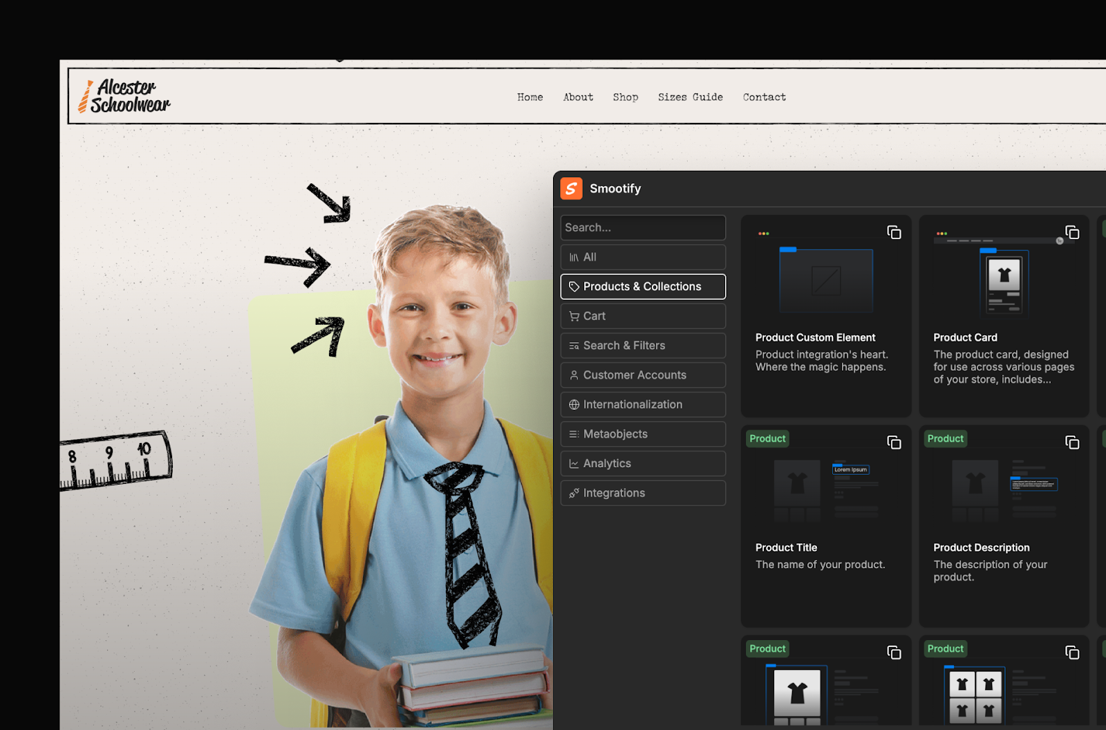 The Smootify app running on the Alcester Schoolwear site, highlighlight how products and collections are managed through the CMS.