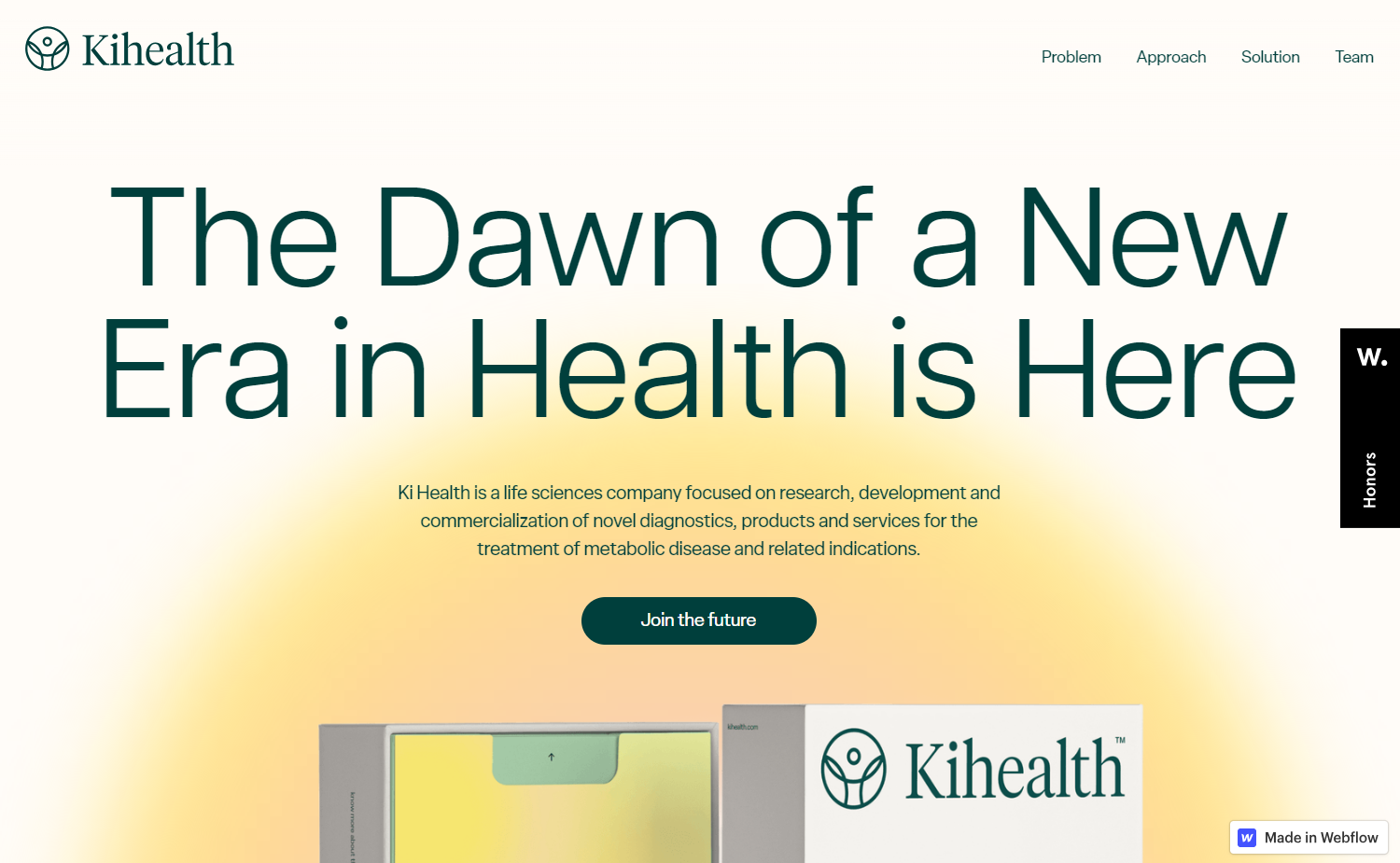 Section of the Kihealth homepage showing the text “The dawn of a new era in health is here.”