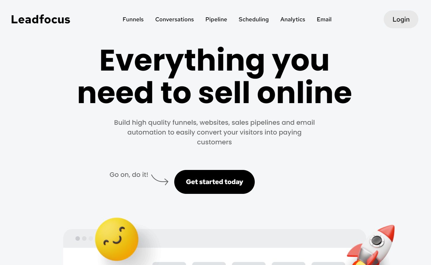 Leadfocus homepage with the headline “Everything you need to sell online,” the call-to-action button “Get started today,” and 3D-effect emojis of a smiley face and a rocket.
