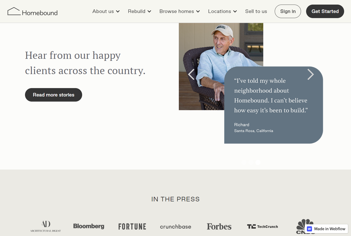 Screenshot of the social proof section of the Homebound homepage showing a testimonial and a series of magazine and newspaper logos that link to articles about Homebound.