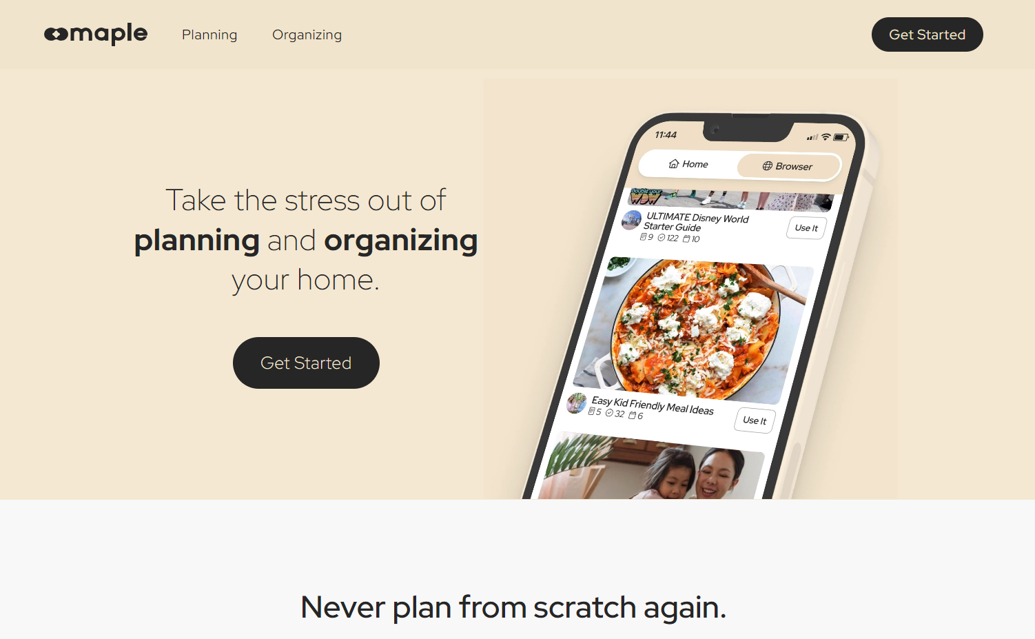 Maple app homepage showing a mockup of the app on mobile and the tagline “Take the stress out of planning and organizing your home.”