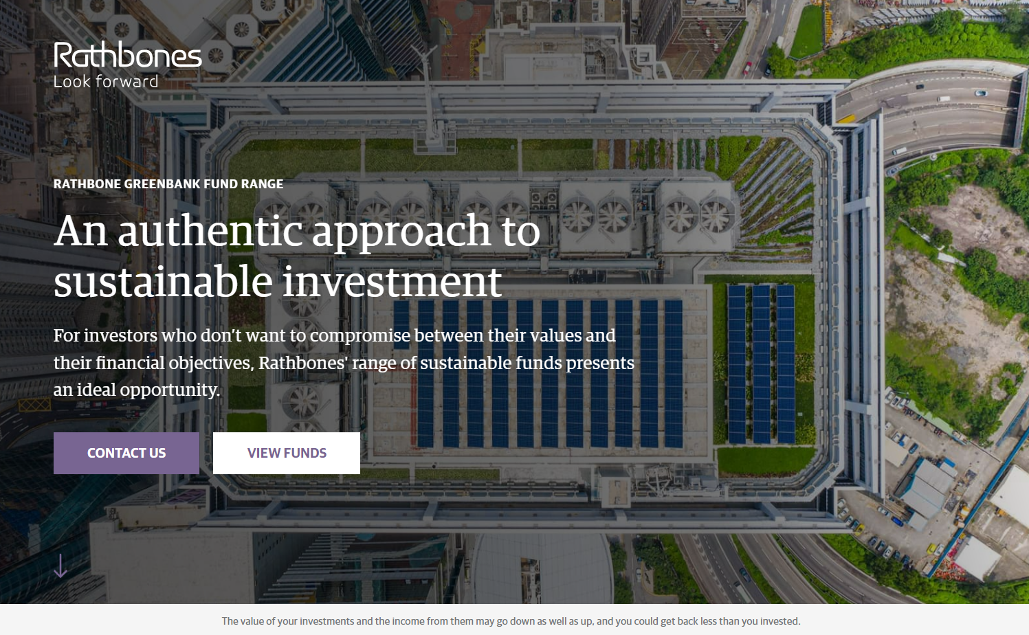 Rathbones’ homepage showing a background photo of a building taken from above and the tagline “An authentic approach to sustainable investment.”