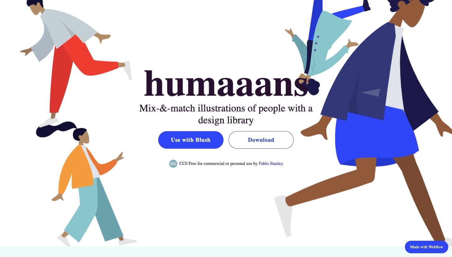 An image of the humaaans home page. It features examples of the illustrations in the humaaans design library.