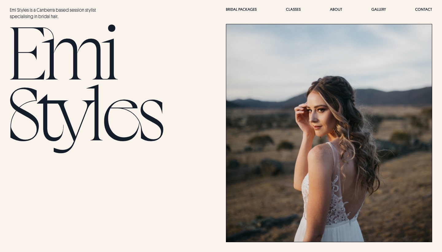 An image of Emi Styles' bridal hair website where she features her work.