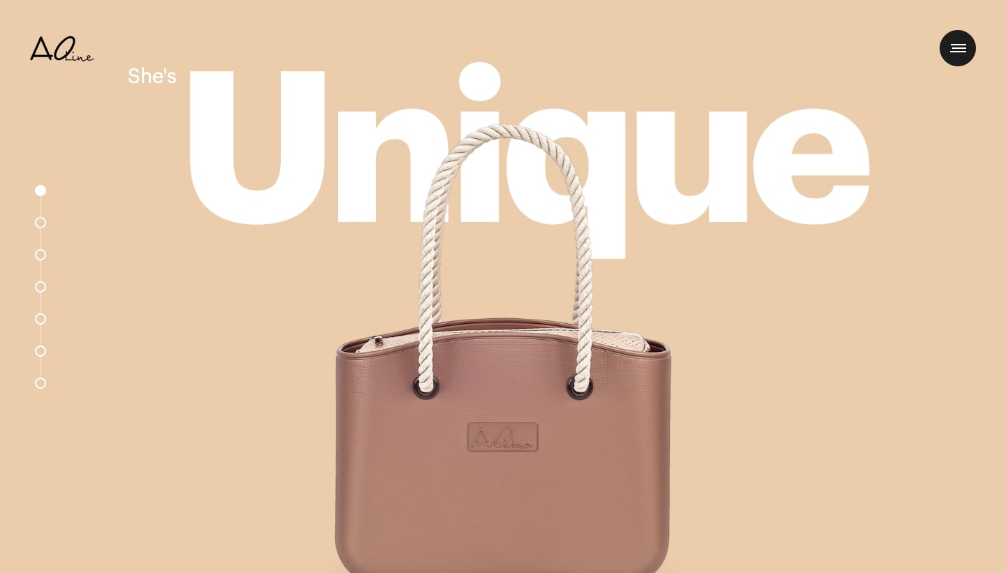 An image of the AOline home page. It read's "She's Unique" with a picture of a brown bag with a rope handle.