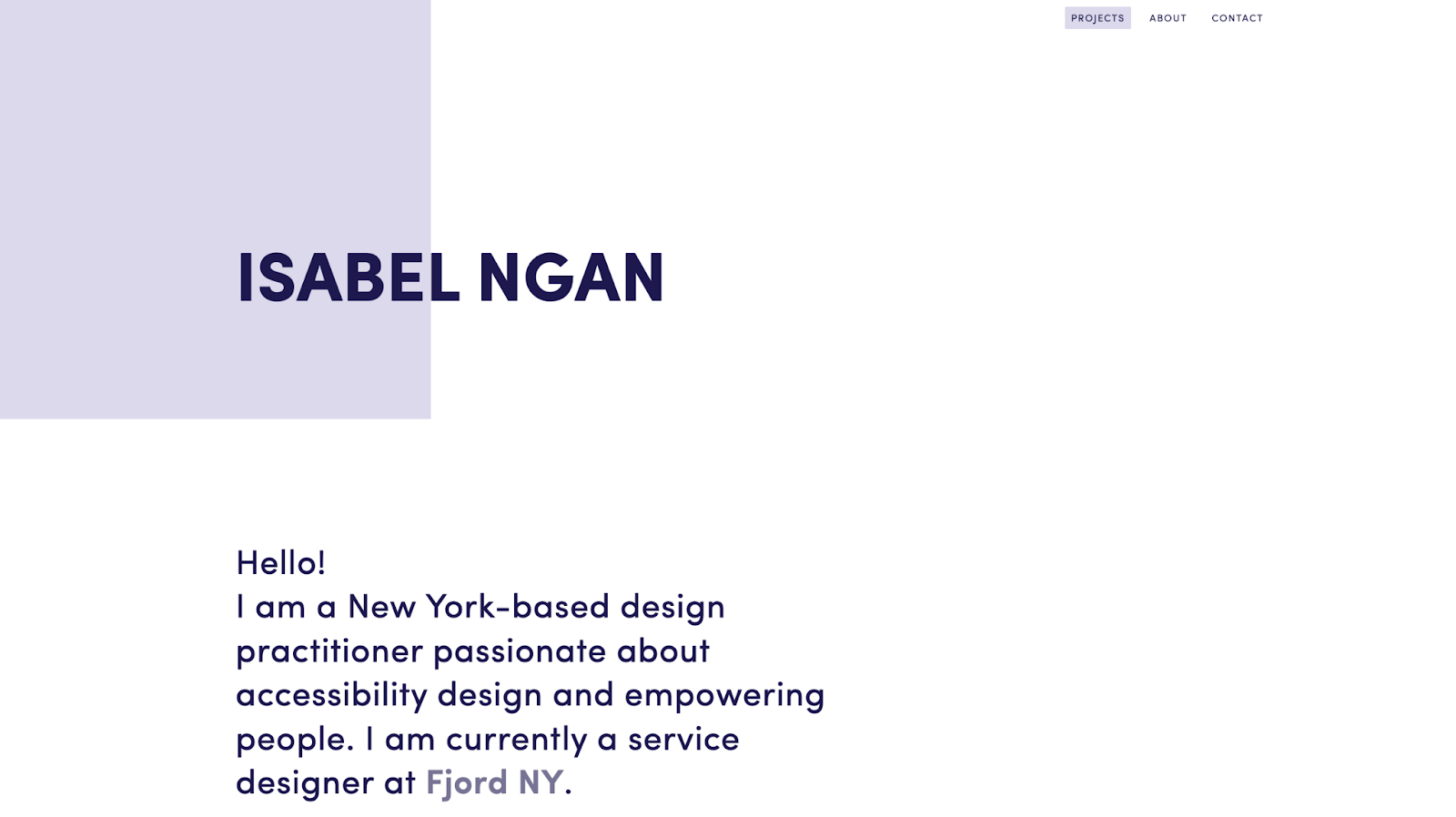 A screenshot of Isabel Ngan's portfolio website homepage. White background with lilac accents and dark violet title and body text.