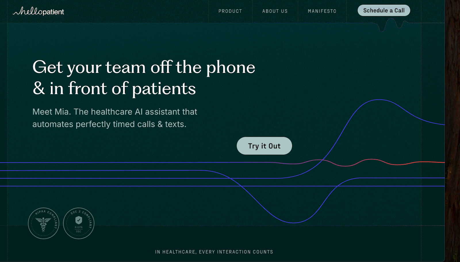 Screenshot of HelloPatient website homepage with a dark teal background. The header features the HelloPatient logo and navigation menu with options for Product, About Us, Manifesto, and a "Schedule a Call" button. The main headline reads "Get your team off the phone & in front of patients" followed by "Meet Mia. The healthcare AI assistant that automates perfectly timed calls & texts." A "Try it Out" button is prominently displayed. Decorative blue and pink waveform lines cross the screen. The bottom shows compliance badges and the tagline "IN HEALTHCARE, EVERY INTERACTION COUNTS."