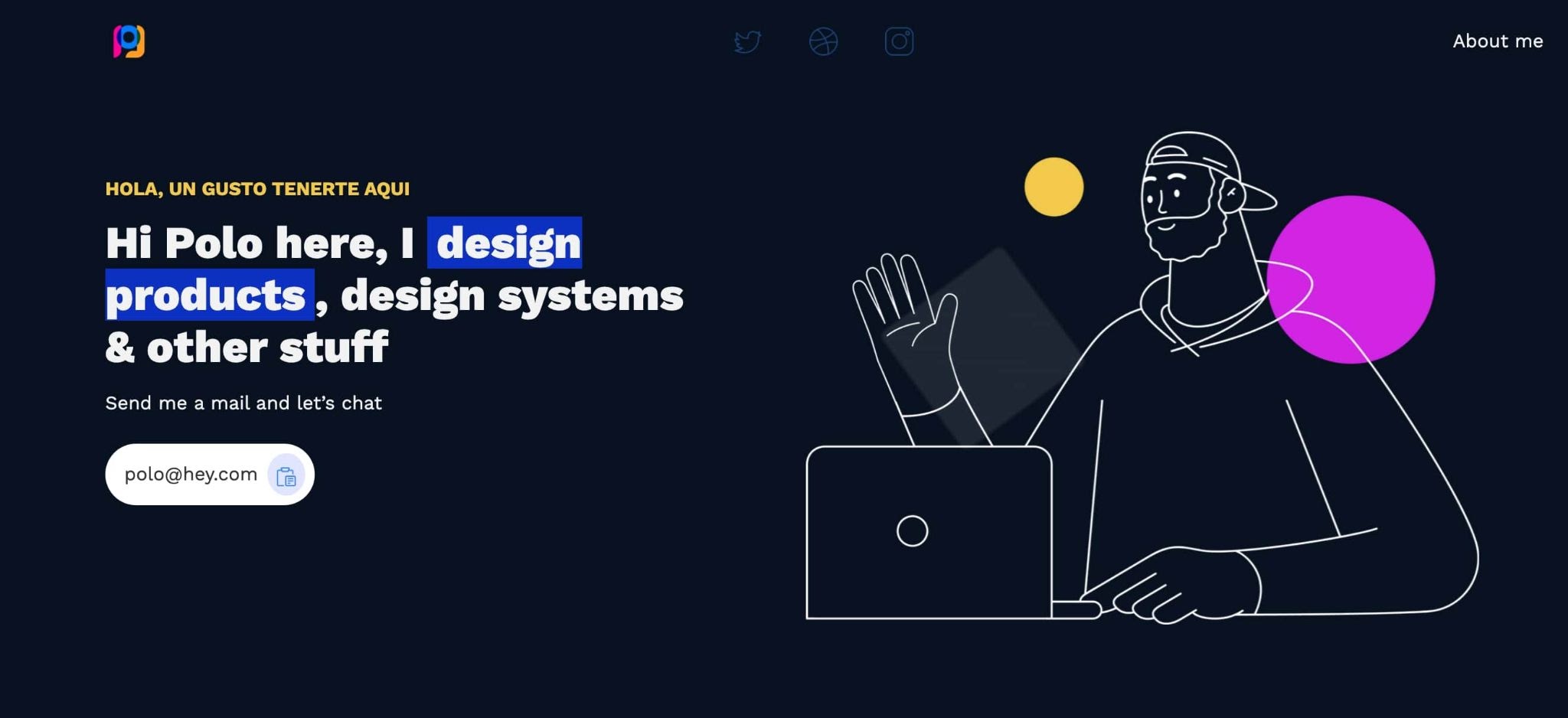 Polo Garcia's homepage with a Spanish/English intro and line drawing of Polo.