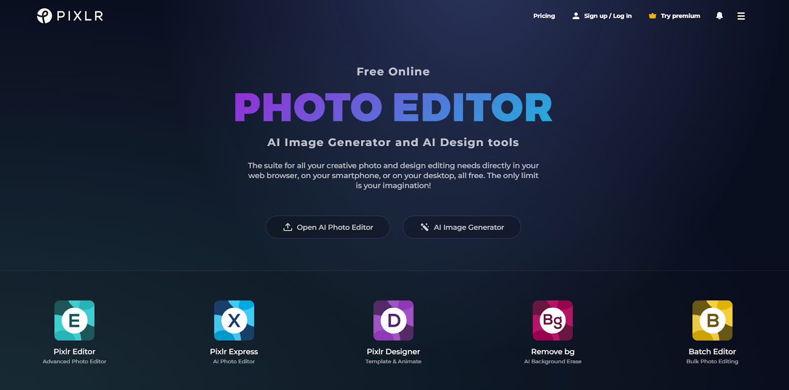 Pixlr’s homepage features a large headline at the top that reads “Free Online Photo Editor” above examples of its software options, such as Designer, Express, and Editor.