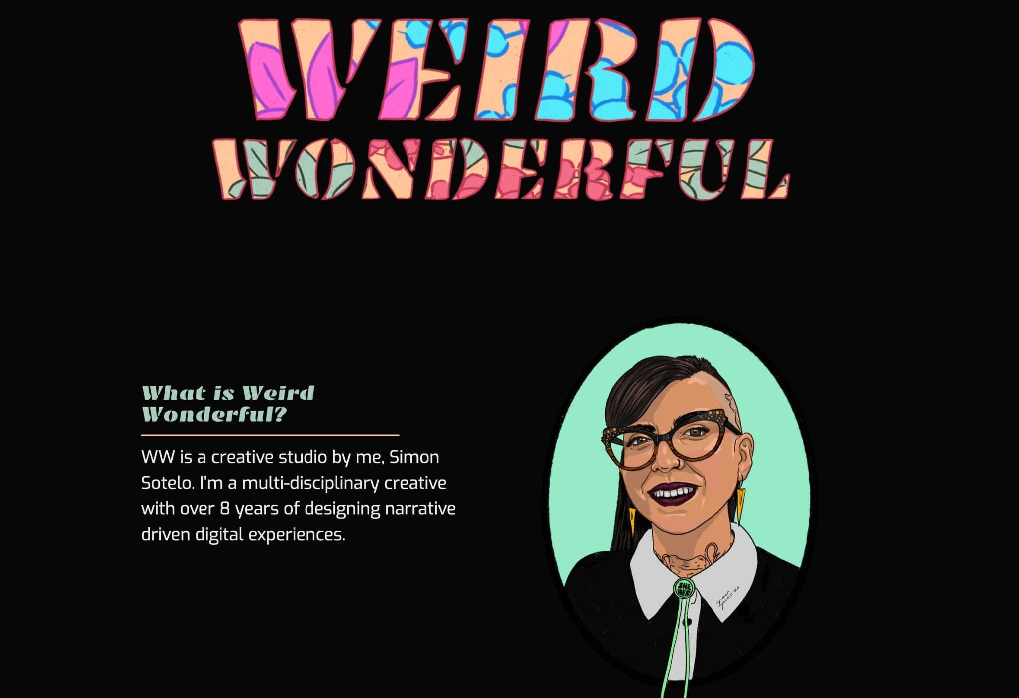 Simon Sotelo's homepage, featuring a colorful illustration of Simon.