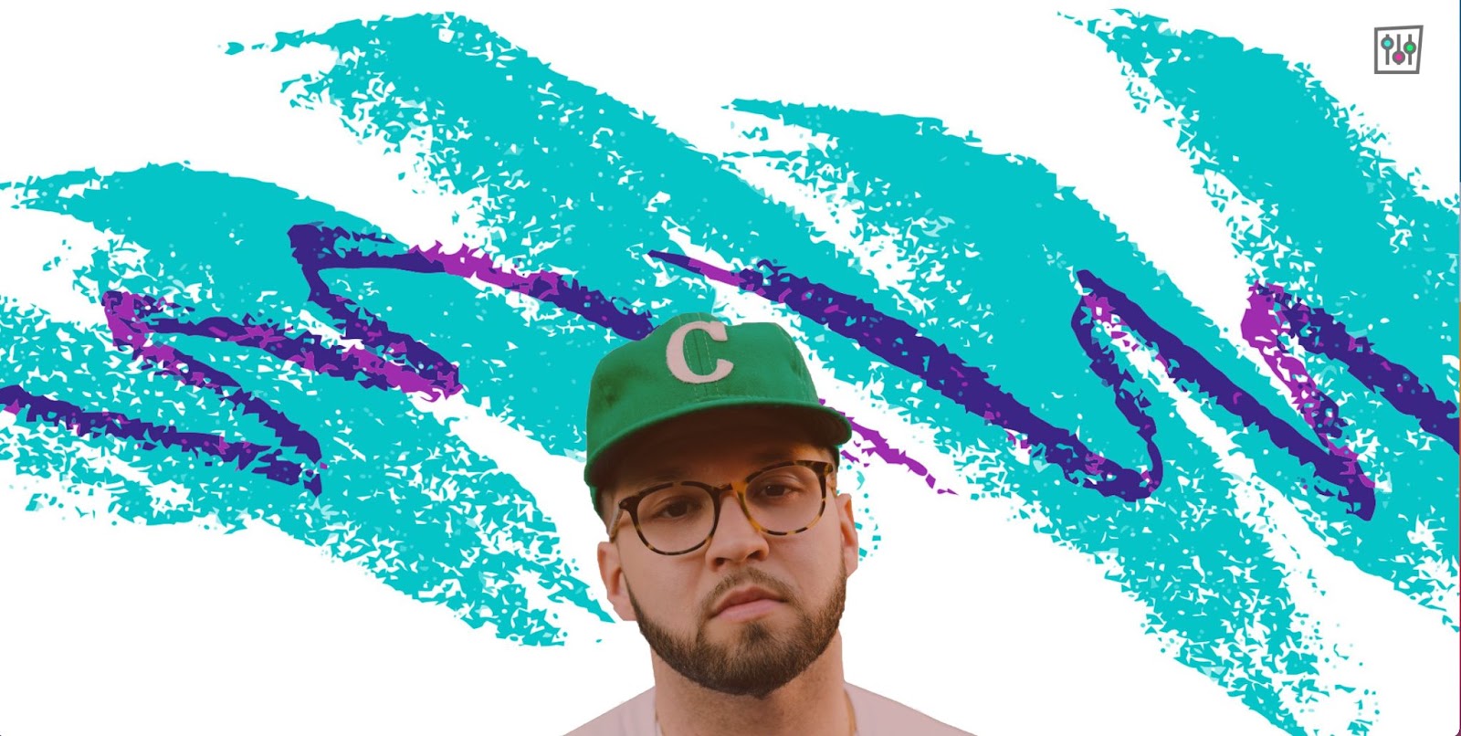 Jazz design (teal and purple zig zags) as background. Photo of creator in middle of image.