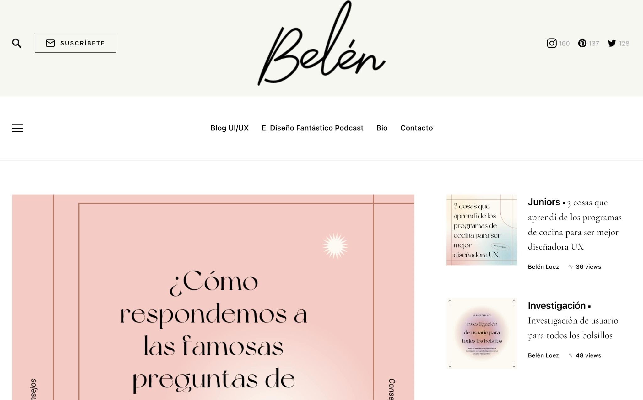 Belén's homepage showing recent blog posts in Spanish.