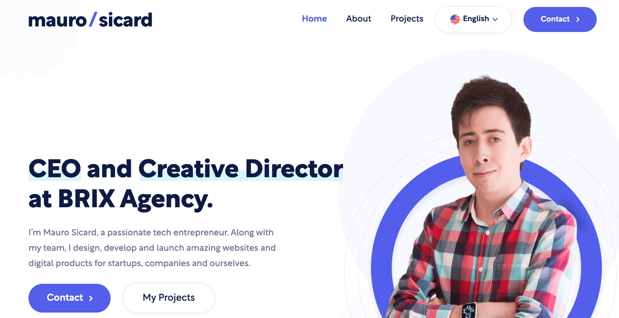 Mauro's homepage with photo of Mauro and text "CEO and Creative Director at BRIX Agency"