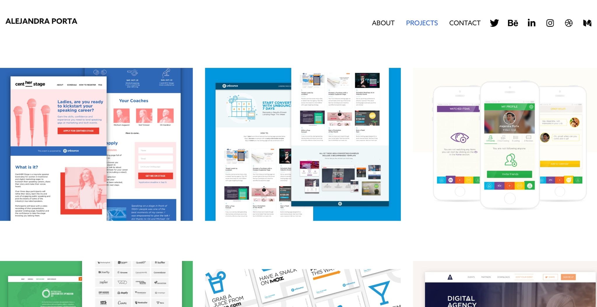 Alejandra's homepage with images of several projects.