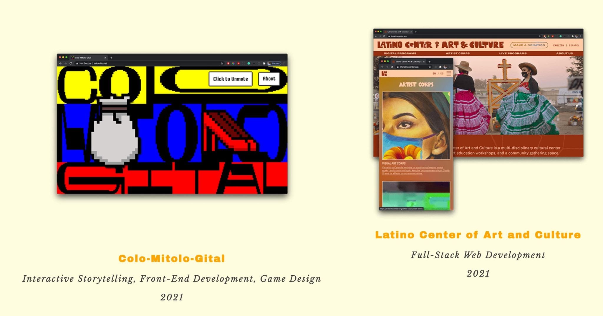 Images of two of Kevin's projects — Colo-Mitolo-Gital game design and Latino Center of Art and Culture full-stack web development.