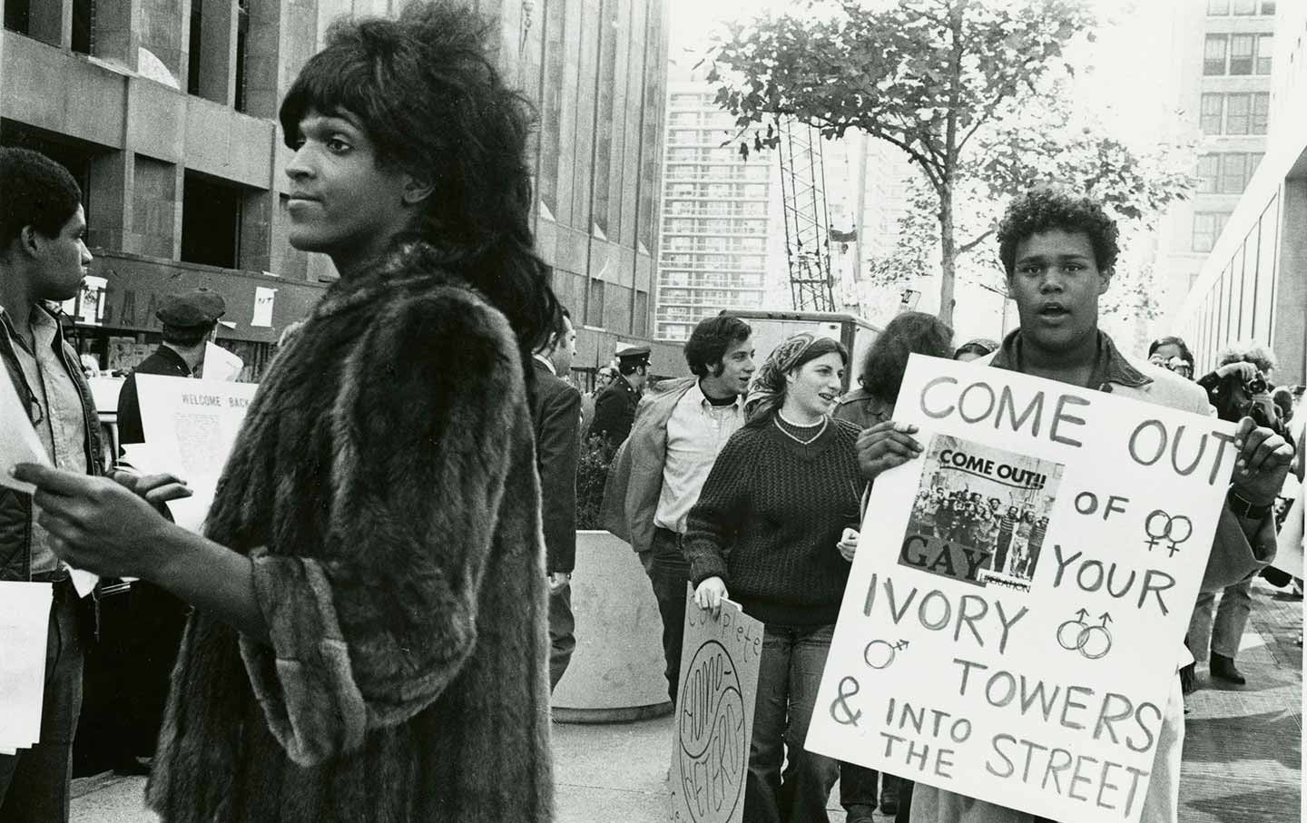 Activist Marsha P. Johnson handing out flyers in New York City in 1970.