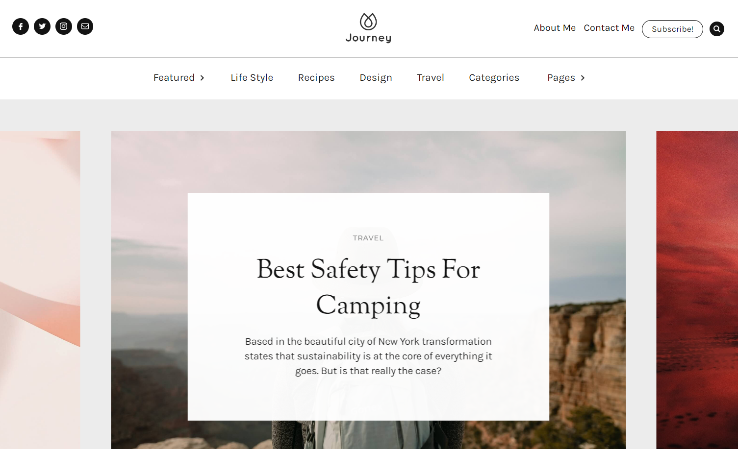 A screenshot of the Journey template showing two top navigation bars and a large image carousel. The image currently selected is of a person standing in front of a natural scene, and it’s mostly covered by text that reads “Best safety tips for camping.”