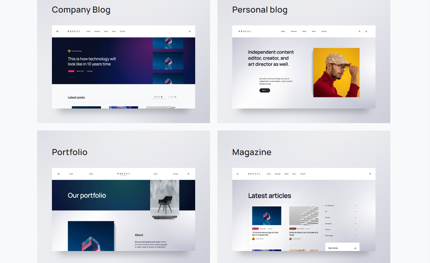 A screenshot of the Papers template’s four different options for blog homepage layout: company blog, personal blog, portfolio, and magazine.