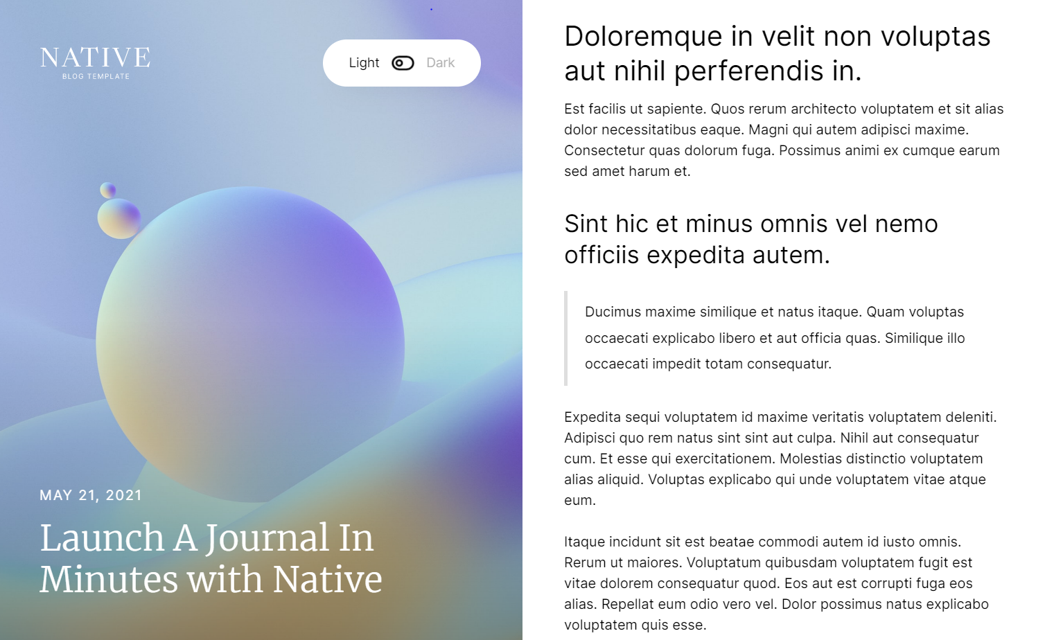 A screenshot of the Native blog template with a split screen showing digital artwork on the left and text on the right.