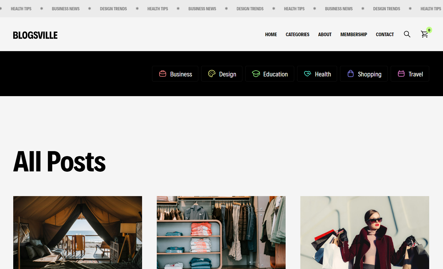 The Blogsville page showing all blog posts. The top navigation menu includes options such as home, about, and contact, while a second topic menu includes options like business, design, and health.