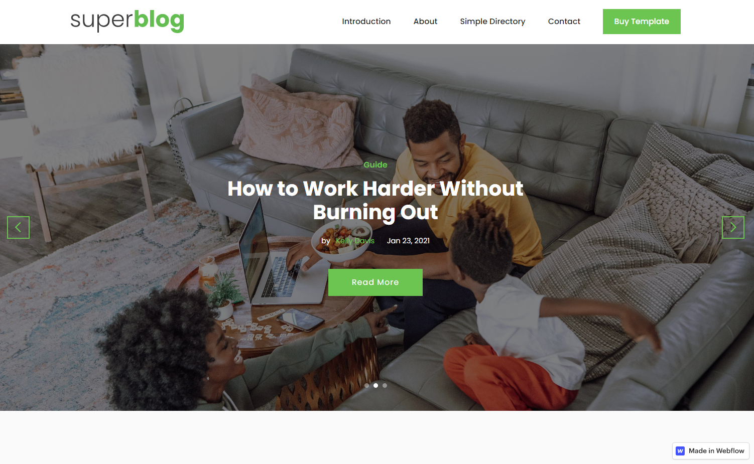 The SuperBlog template’s blog landing page showing a background image of a smiling Black family hanging out together on a sofa while the father is eating and working on his laptop.