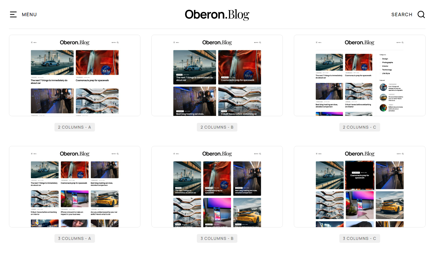 A grid showing various blog layout options for the Oberon template.