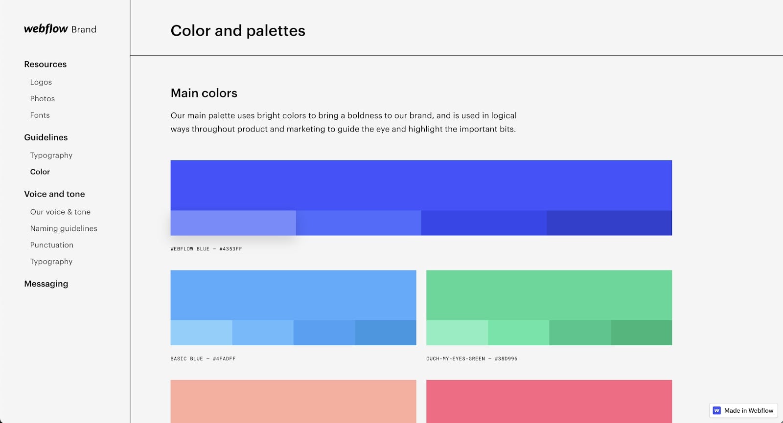 An image of the Webflow design system. Here, we see a view of the color and design palettes of Webflow.