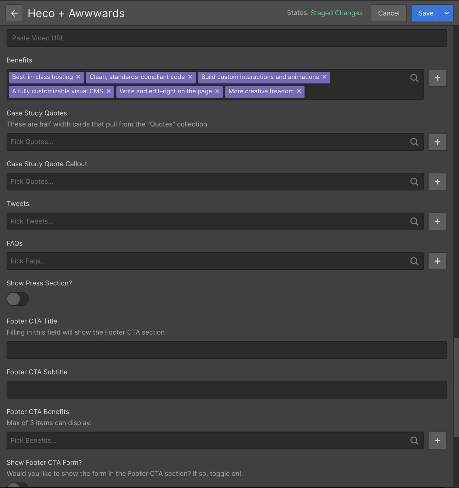 An image of the Heco + Awwwards ad in Webflow's Designer. Here, the image is showing how Webflow's team uses multi-reference fields and toggles to power in-line ads within the blog.