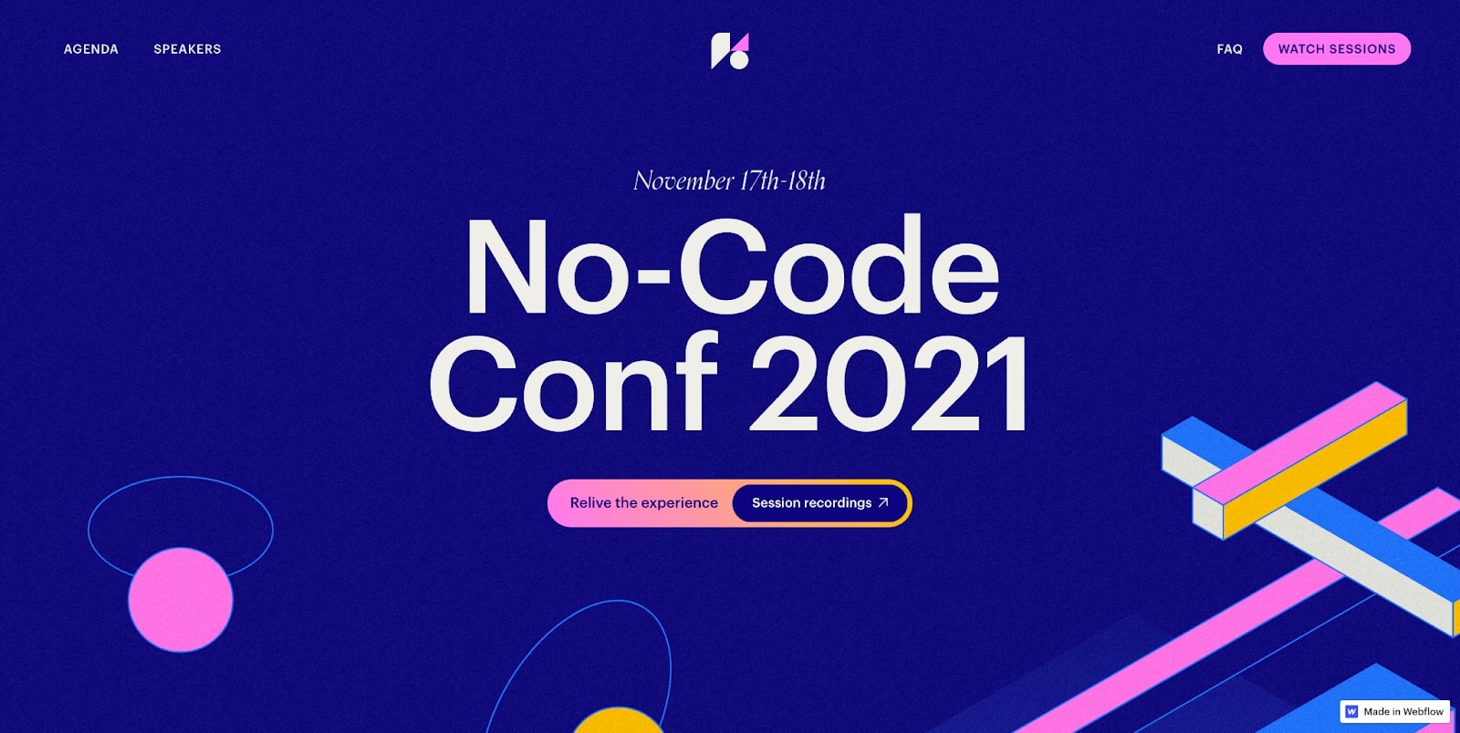 An image of the No-Code Conf 2021 website. It reads "No-Code Conf 2021" in bold type with the CTA to "Relive the experience" by viewing the session recordings.