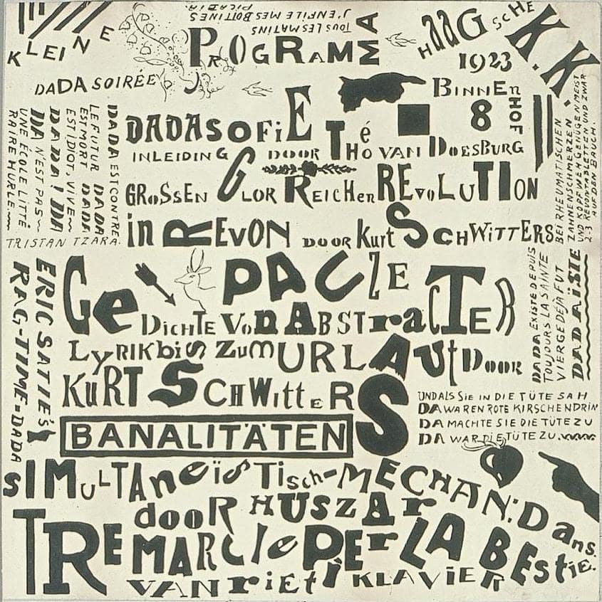 Vintage Dada event poster full of mismatched fonts printed haphazardly in different directions