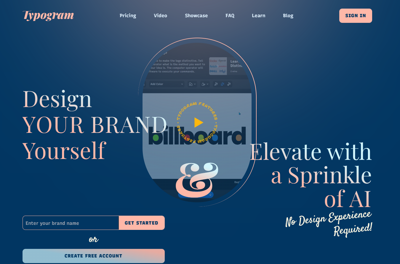 A screenshot of the Typogram homepage. It has a blue background and a headline that reads, “Design Your Brand Yourself. Elevate with a Sprinkle of AI.”