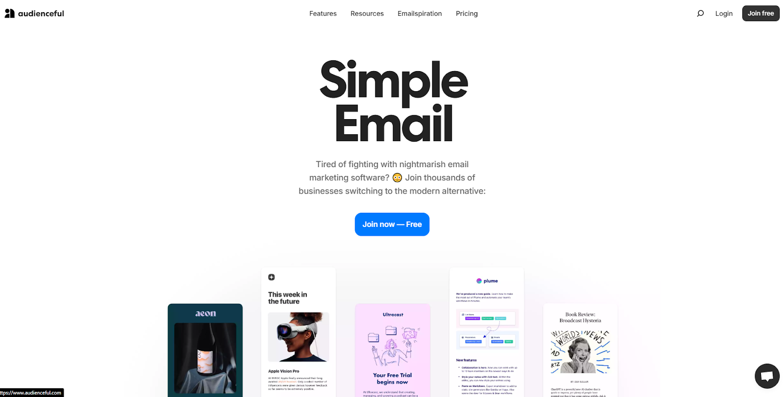 A screenshot of the Audienceful landing page. It has a white background and a few small thumbnails showing examples of emails. The headline at the top of the page reads, “Simple Email.”