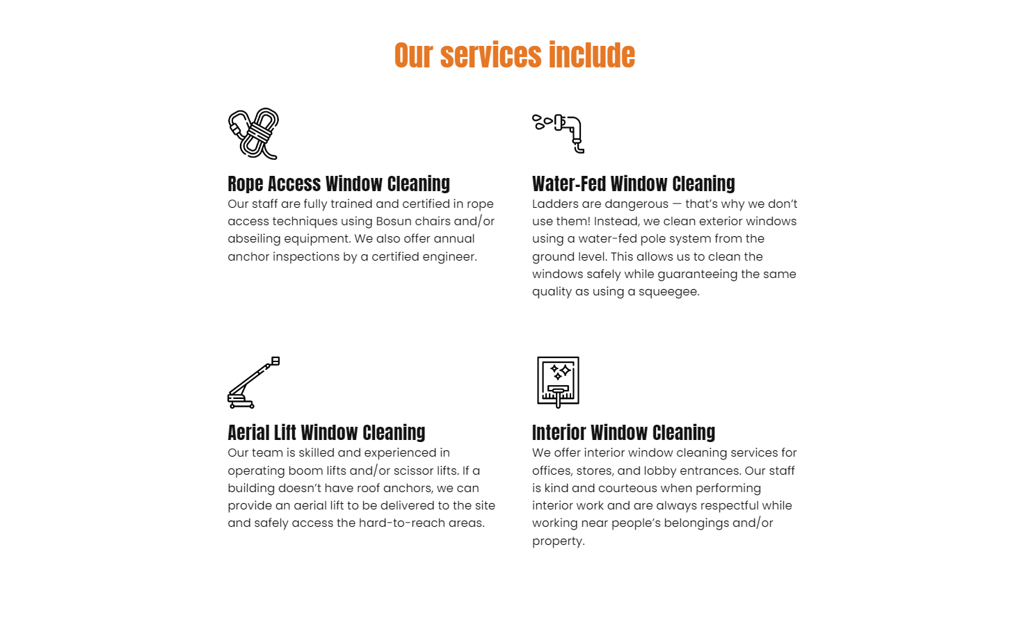 Services page of The High Rise Guys website describing rope access window cleaning, water-fed window cleaning, aerial lift window cleaning, and interior window cleaning services.