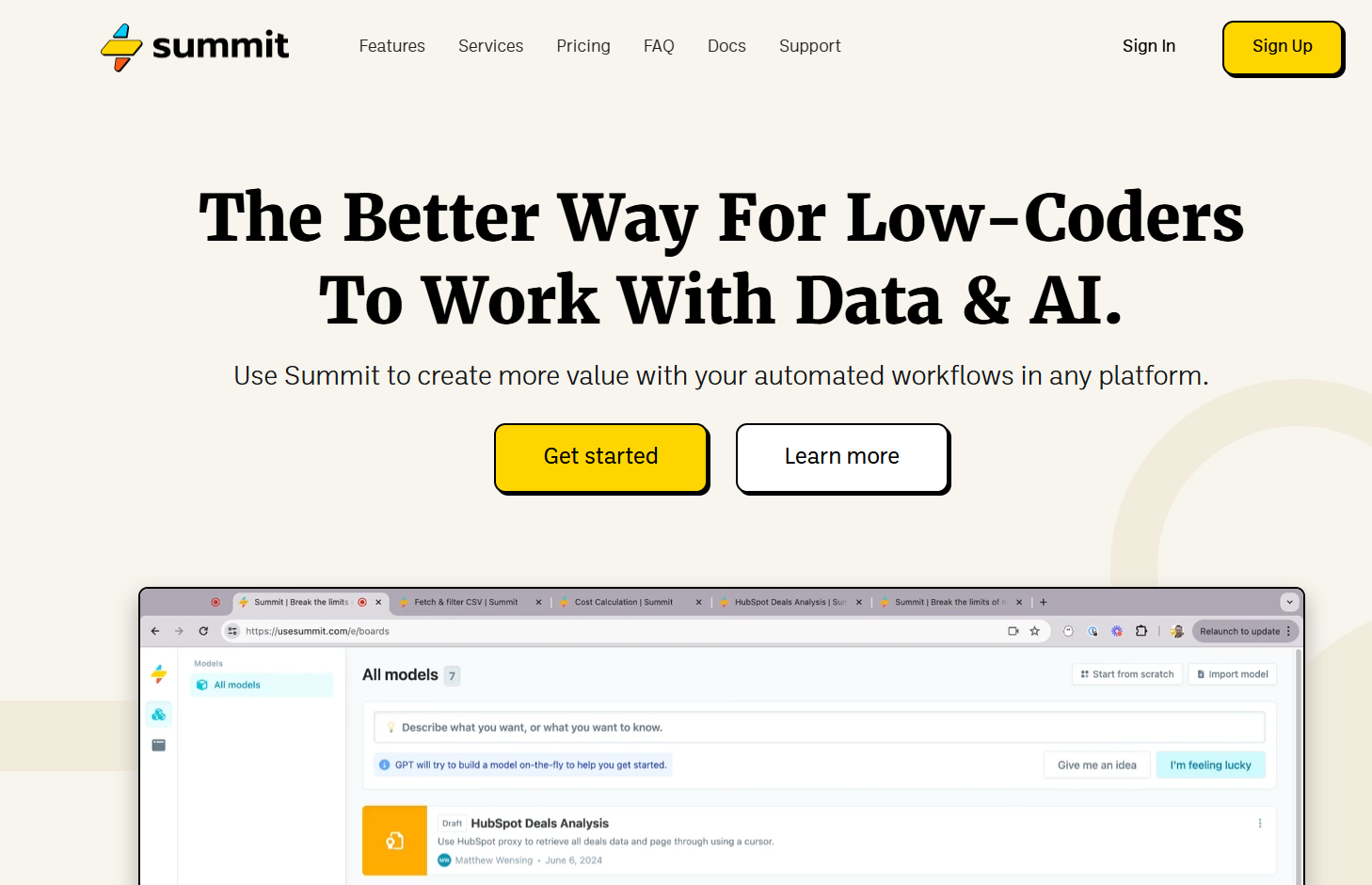 A screenshot of the Summit homepage. It begins with the headline, “The better way for low-coders to work with Data & AI.” Below is an image of their service in action.