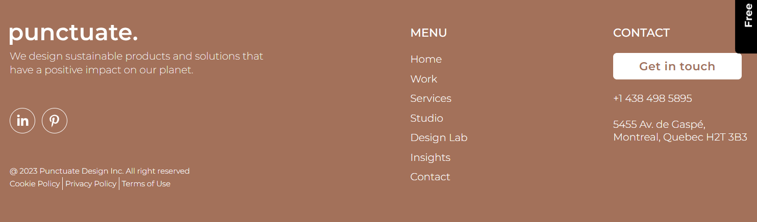 Punctuate Design footer showing Instagram and Pinterest buttons, navigation links, and a “Get in touch” button.