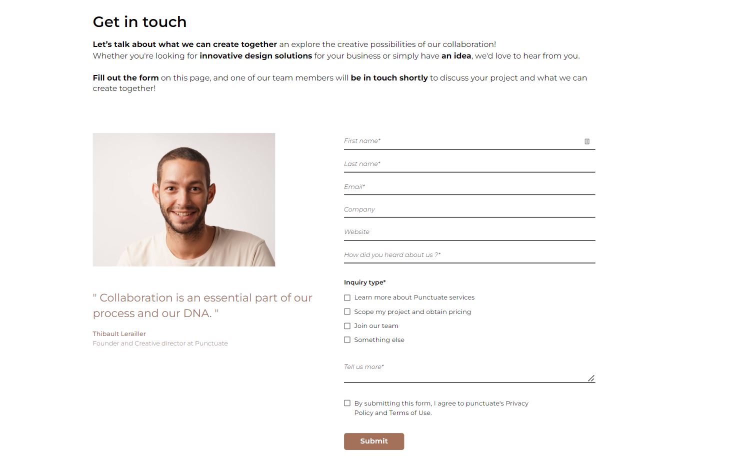 Punctuate Design contact page showing a smiling photo of Thibault Lerailler.