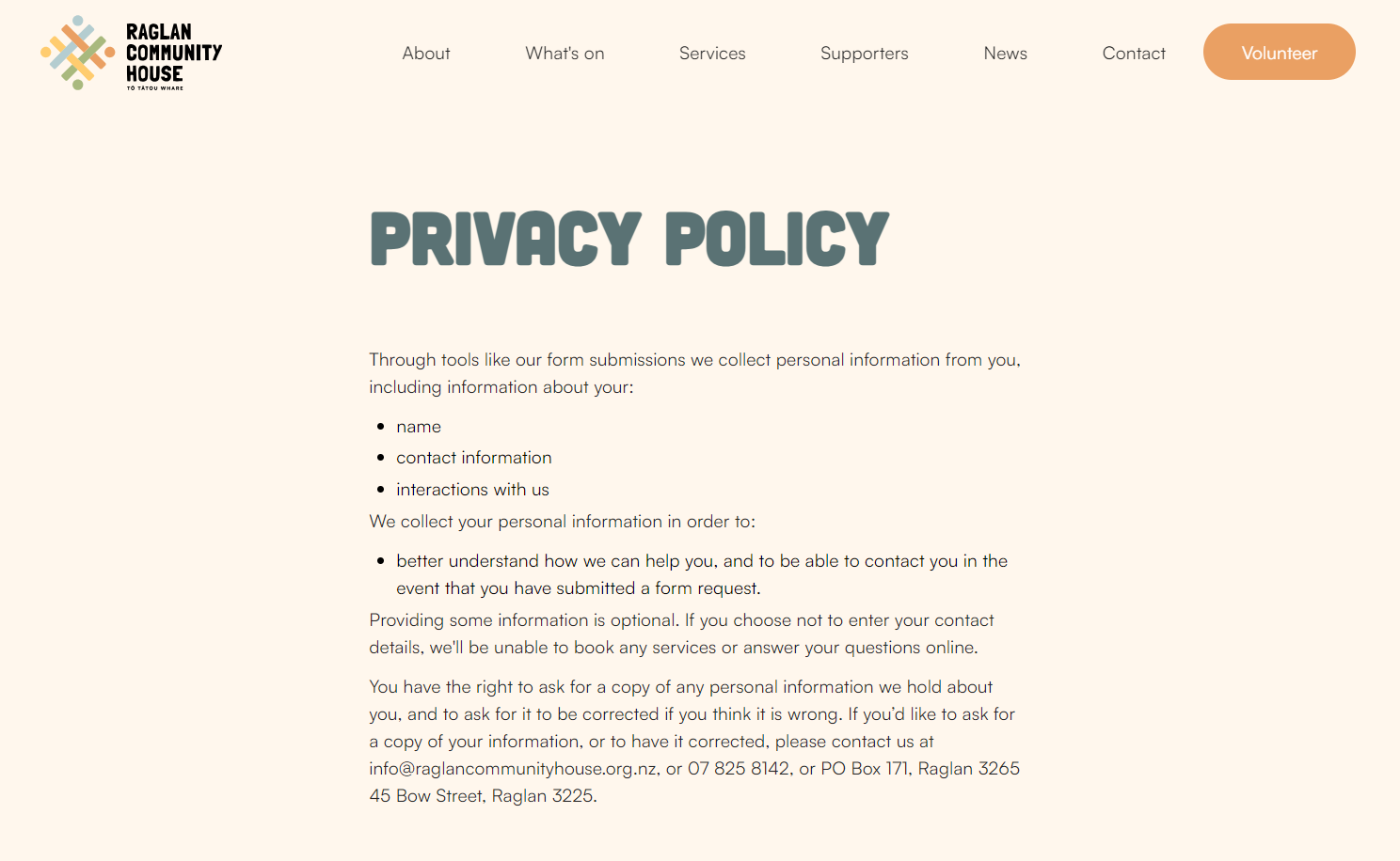 Raglan Community House privacy policy.