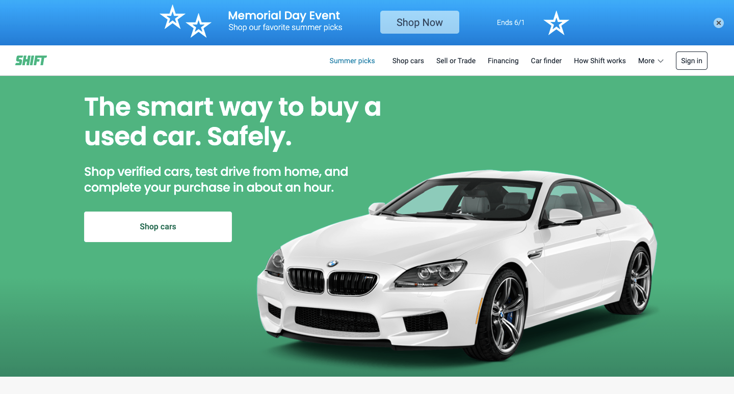 Shift's homepage featuring a white BMW.