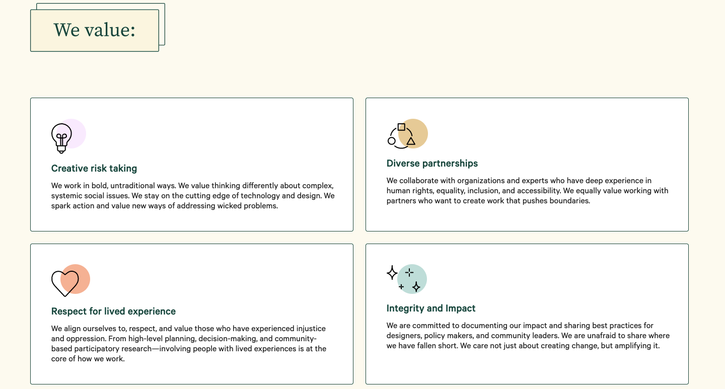 Screenshot detailing the values section of Studio Jayne, like Creative risk taking, diverse partnerships, respect for lived experience, and integrity and impact.