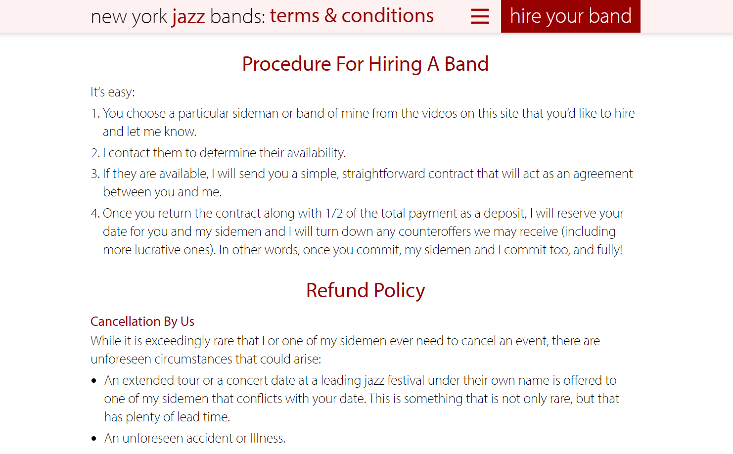 New York Jazz Bands terms and conditions page listing out their procedures for hiring a band and a refund policy.
