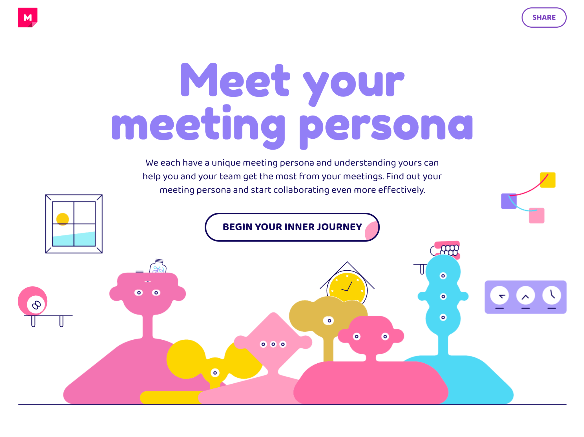 Mural's meeting persona quiz site, with funky colorful alien/human illustrations and header text that reads "Meet your meeting persona."