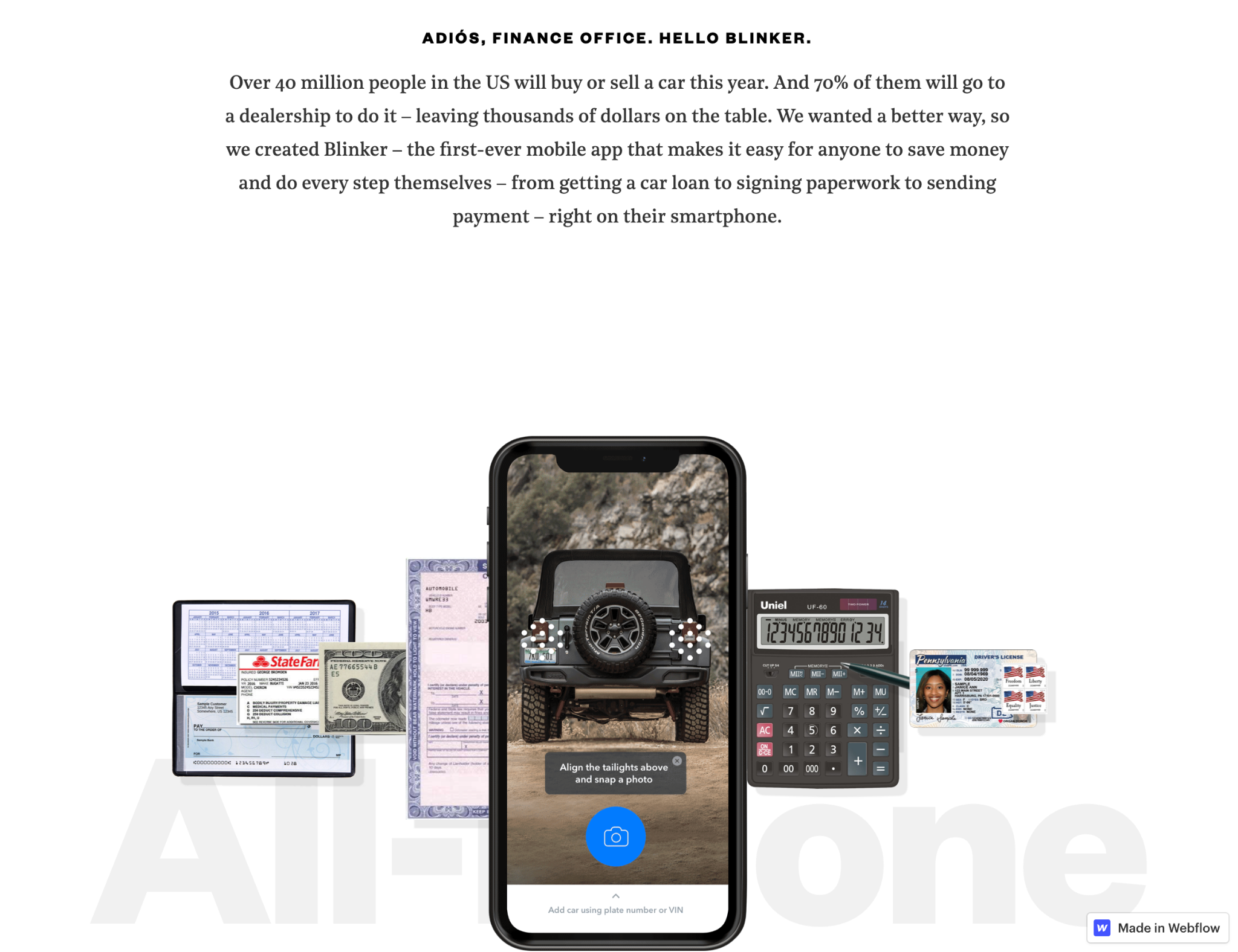 Snippet of a microsite with a paragraph of content about car buying in the U.S. followed by a scroll animation of an iphone, calculator, license, checkbook, insurance card, and cash.